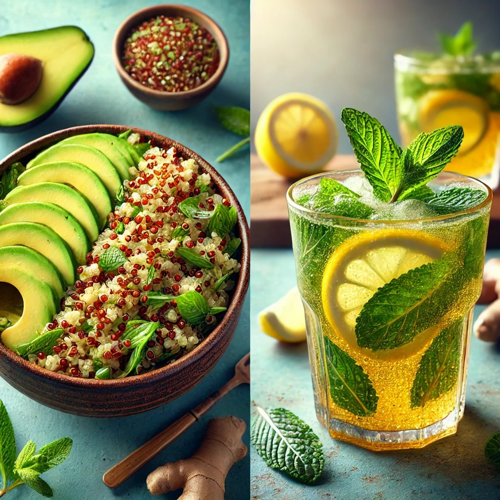 Rețete Gratuite pentru Slăbit Sănătos - Salată de Quinoa cu Legume și Avocado si Infuzie de menta cu ghimbir si lamaie