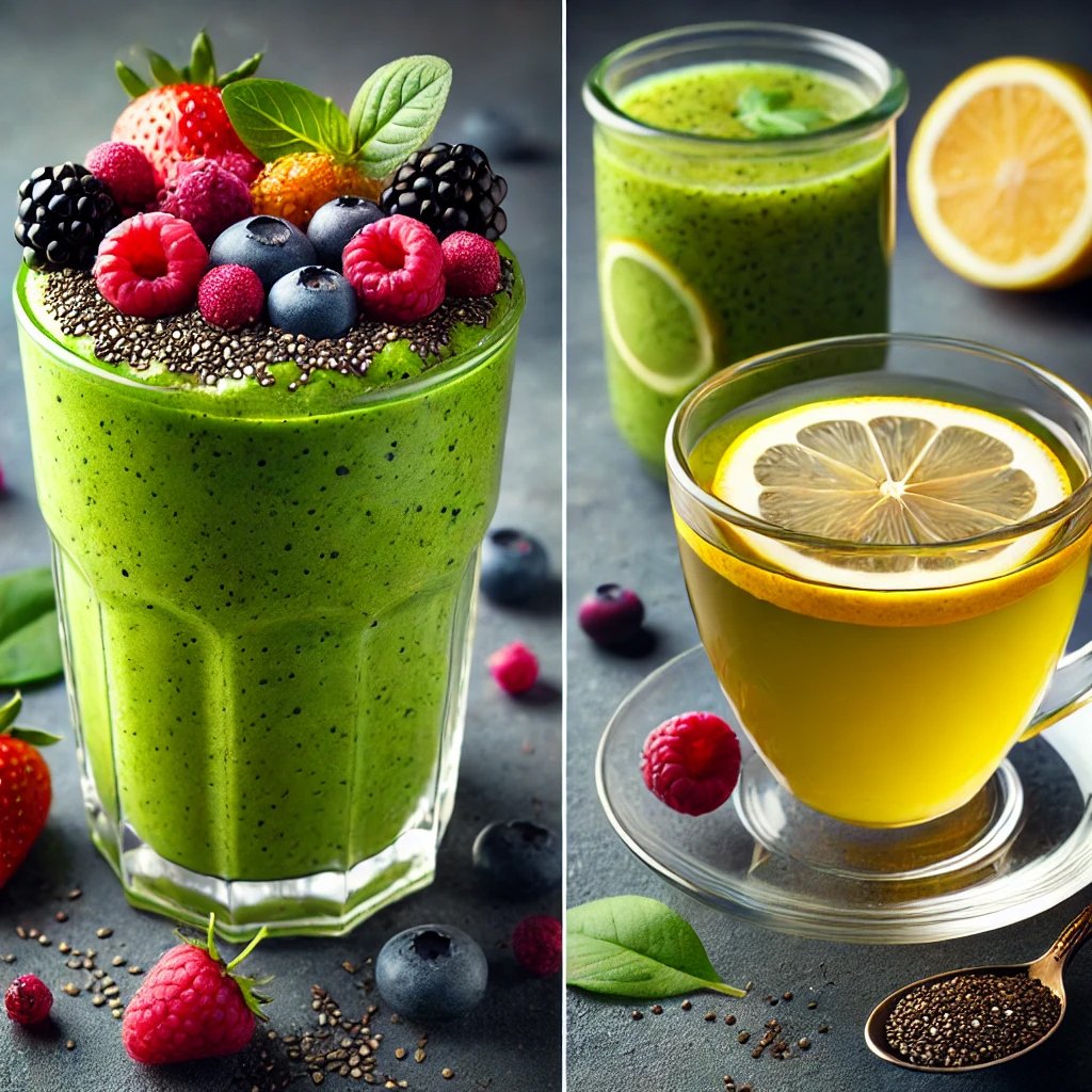 Rețete Gratuite pentru Slăbit Sănătos - Smoothie Energizant cu Spanac și Fructe de Pădure si ceai verde cu lamaie
