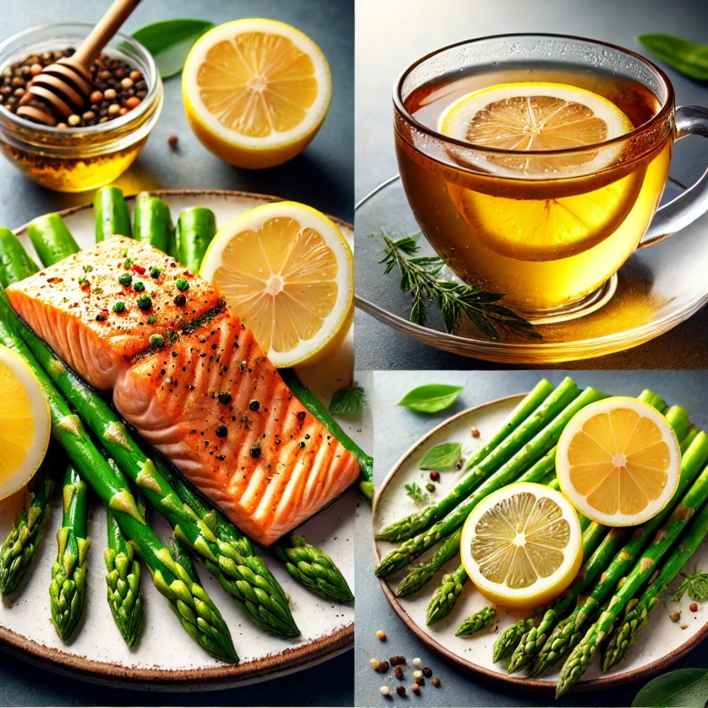 Rețete Gratuite pentru Slăbit Sănătos - Somon la Cuptor cu Sparanghel și Lămâie si ceai de musetel